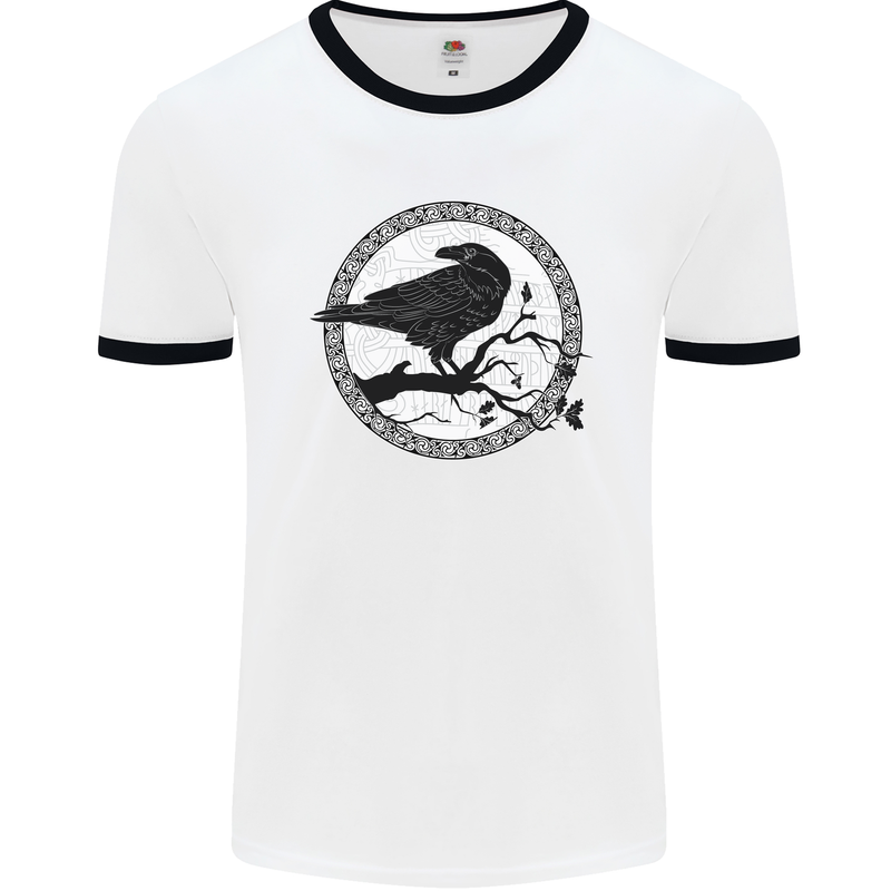Viking Crow Celtic Norse Valhalla Odin Thor Mens White Ringer T-Shirt White/Black
