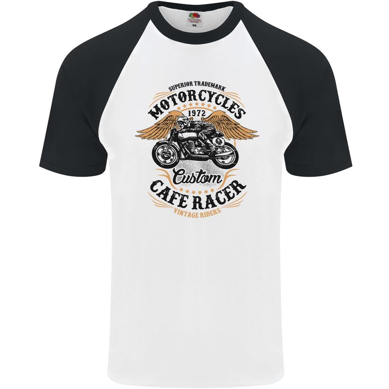 Biker Custom Cafe Racer Motorbike Mens S/S Baseball T-Shirt White/Black