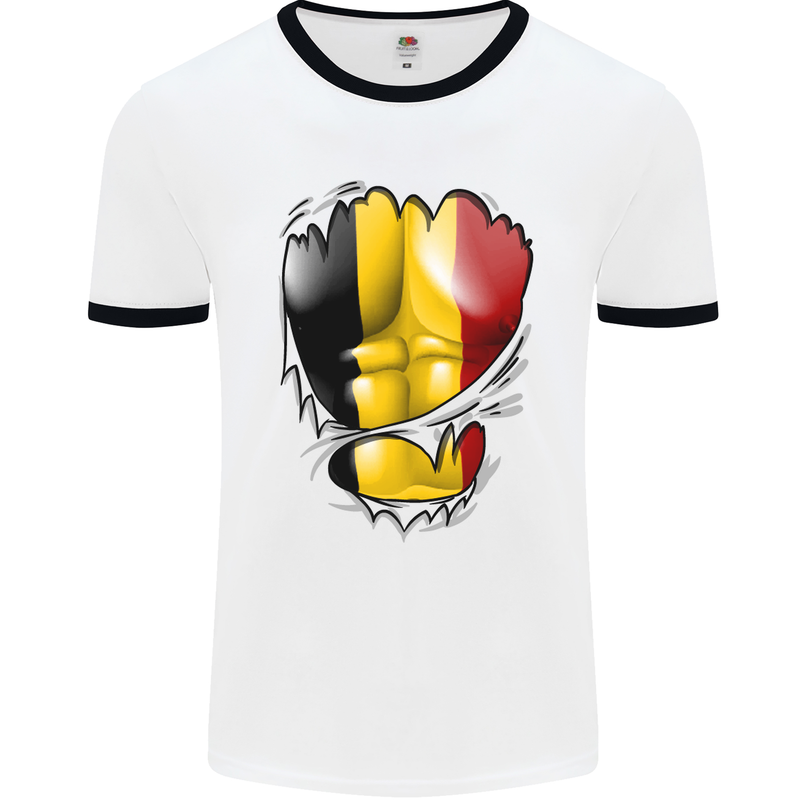 Gym Belgian Flag Ripped Muscles Belgium Mens White Ringer T-Shirt White/Black