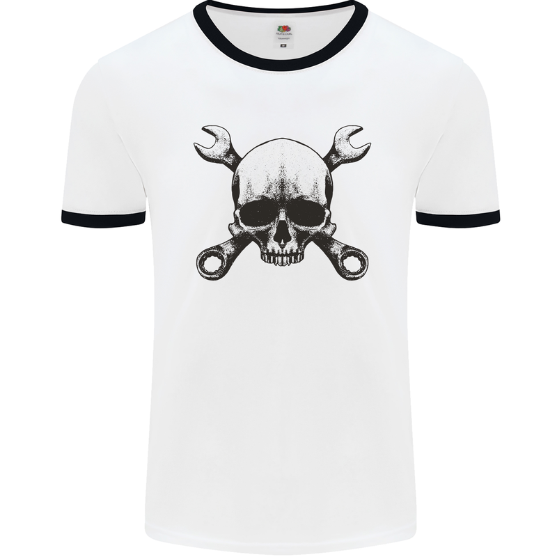 Spanner Skull Mechanic Car Biker Motorcycle Mens White Ringer T-Shirt White/Black