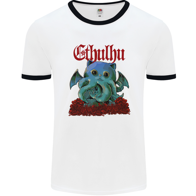 Cathulhu Funny Cat Cthulhu Parody Kraken Mens White Ringer T-Shirt White/Black