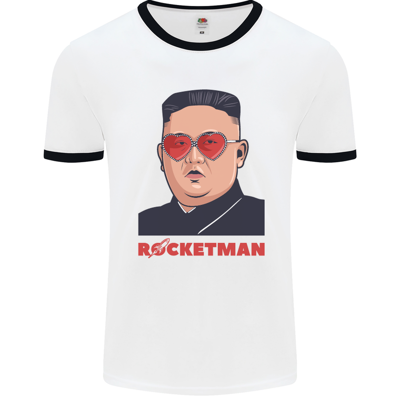 Rocket Man Kim Jong-un Missile Test Funny Mens White Ringer T-Shirt White/Black