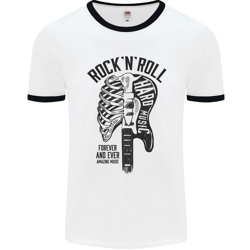 Rock N Roll Forever and Ever Guitar Mens White Ringer T-Shirt White/Black