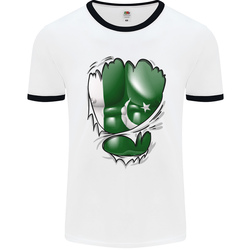 Gym The Pakistan Flag Ripped Muscles Effect Mens White Ringer T-Shirt White/Black