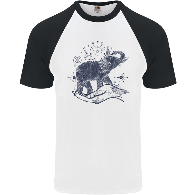 Sacral Style Elephant Meditation Tattoo Art Mens S/S Baseball T-Shirt White/Black