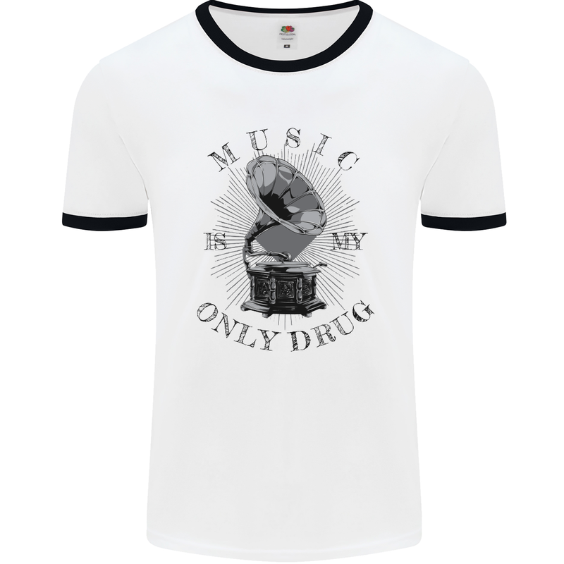 Music Is My Only Drug Funny DJ Vinyl Decks Mens White Ringer T-Shirt White/Black