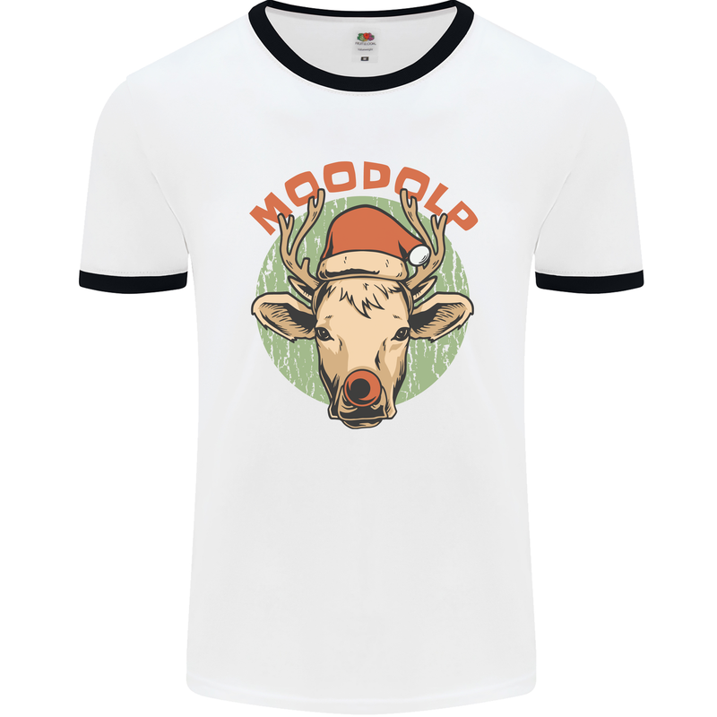 Moodolf Funny Rudolf Christmas Cow Mens Ringer T-Shirt White/Black
