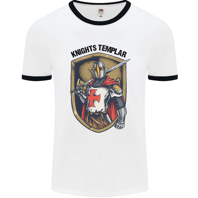 Knights Templar St Georges Day England Mens White Ringer T-Shirt White/Black