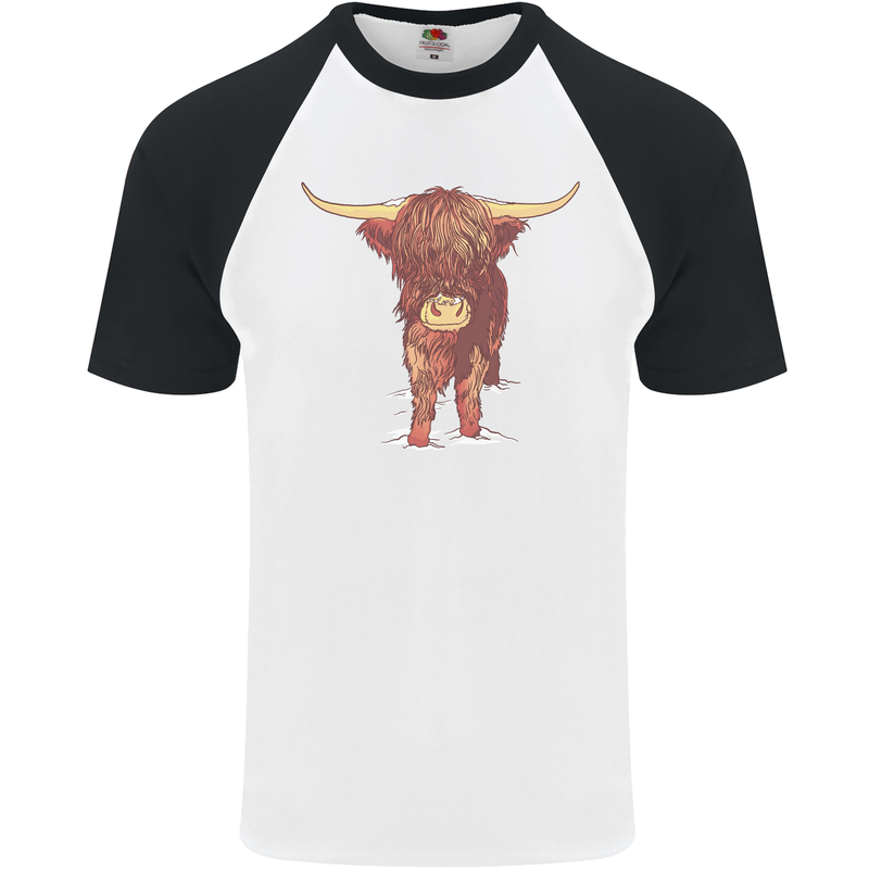 Highland Cattle Cow Scotland Scottish Mens S/S Baseball T-Shirt White/Black