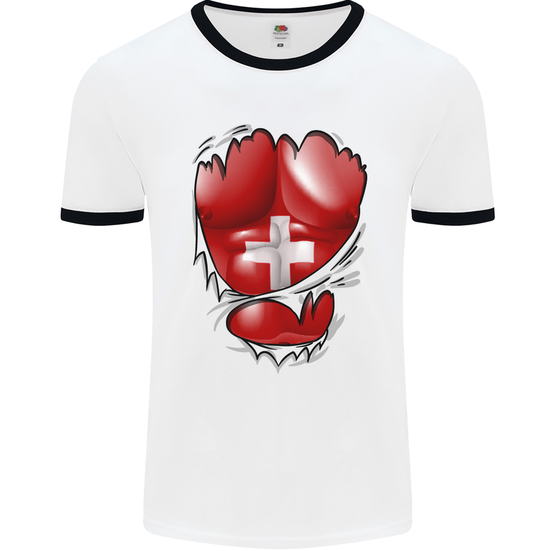 Gym Swiss Flag Ripped Muscles Switzerland Mens White Ringer T-Shirt White/Black