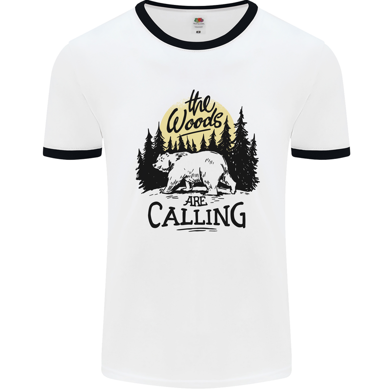 The Woods Calling Camping Trekking Bear Mens Ringer T-Shirt White/Black