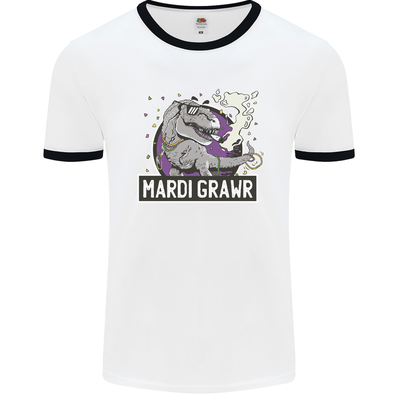 Funny T-Rex Mardi Gras Grawr Dinosaur Mens White Ringer T-Shirt White/Black