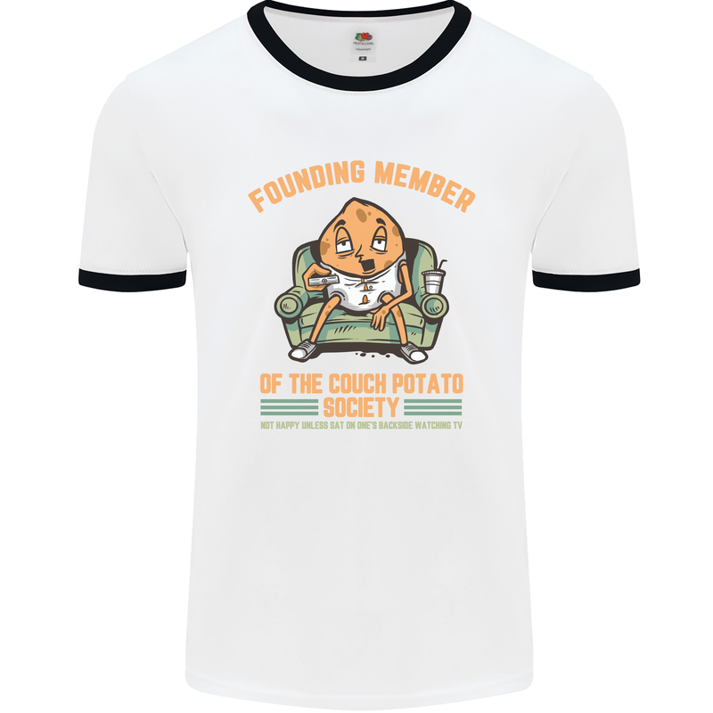Funny Lazy Couch Potato Watchng TV & Movies Mens White Ringer T-Shirt White/Black