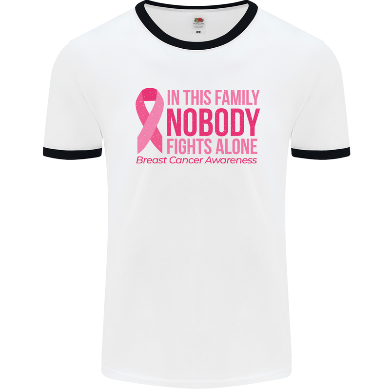 Breast Cancer Awareness Nobody Fights Alone Mens White Ringer T-Shirt White/Black