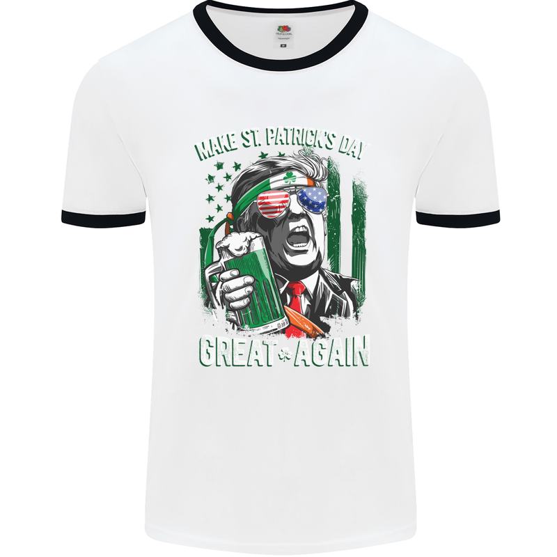 St Patricks Day Great Again Donald Trump Mens White Ringer T-Shirt White/Black