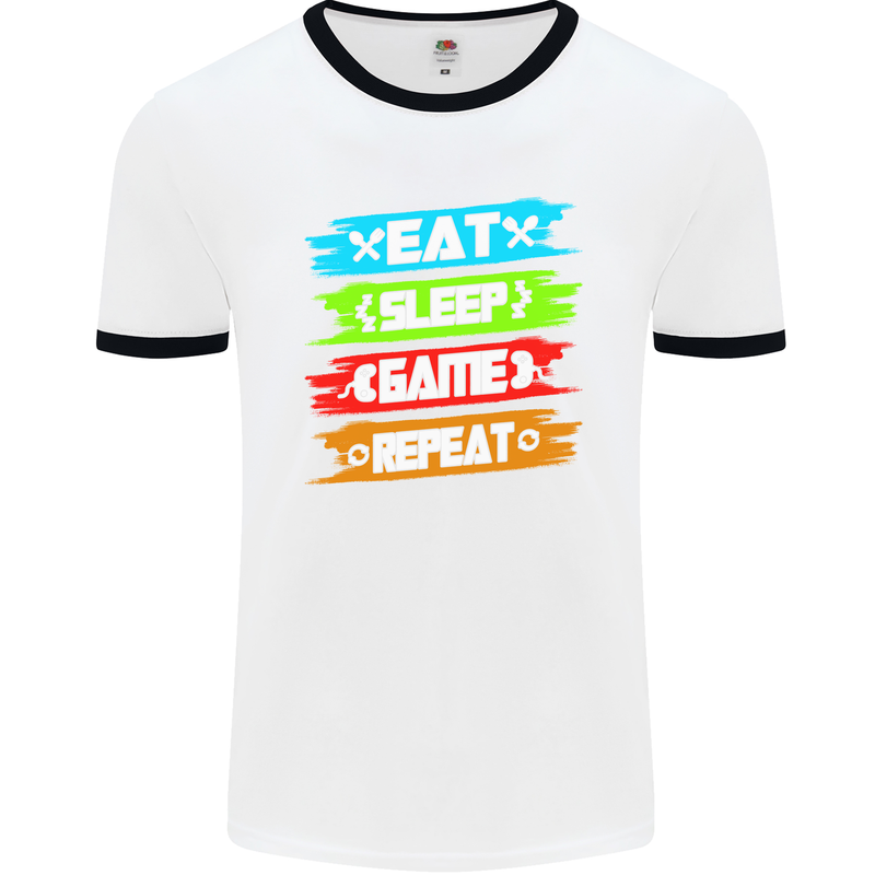 Eat Sleep Game Funny Gamer Gamming Mens White Ringer T-Shirt White/Black