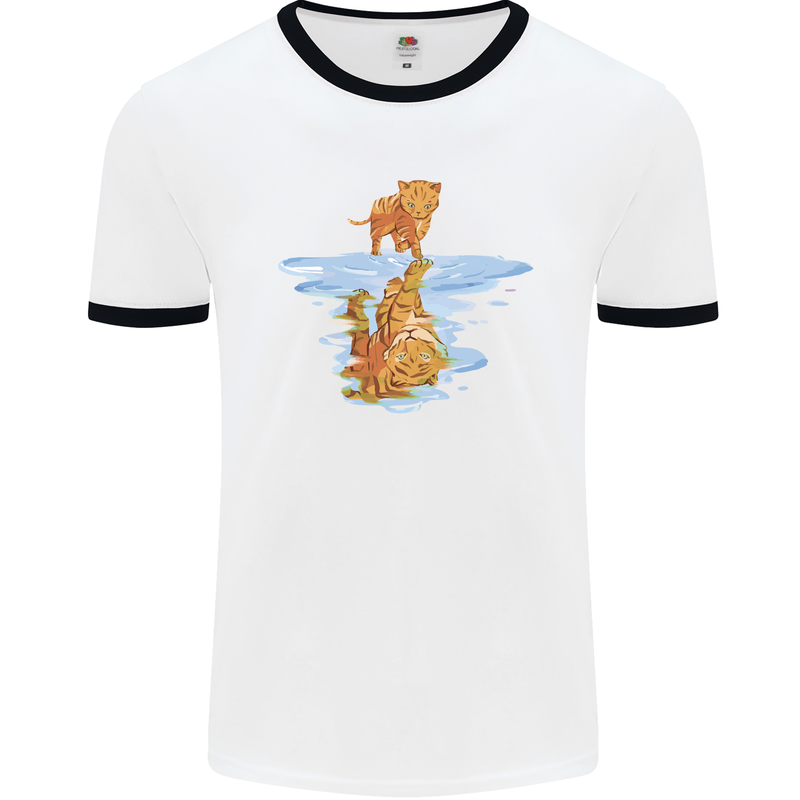 Funny Tiger Cat Reflection Mens White Ringer T-Shirt White/Black