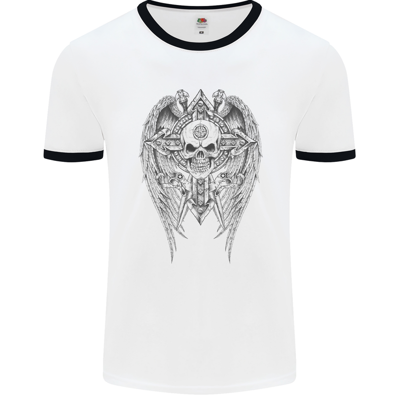 Skull Wings Viking Gothic  Wings Gym Biker Mens White Ringer T-Shirt White/Black