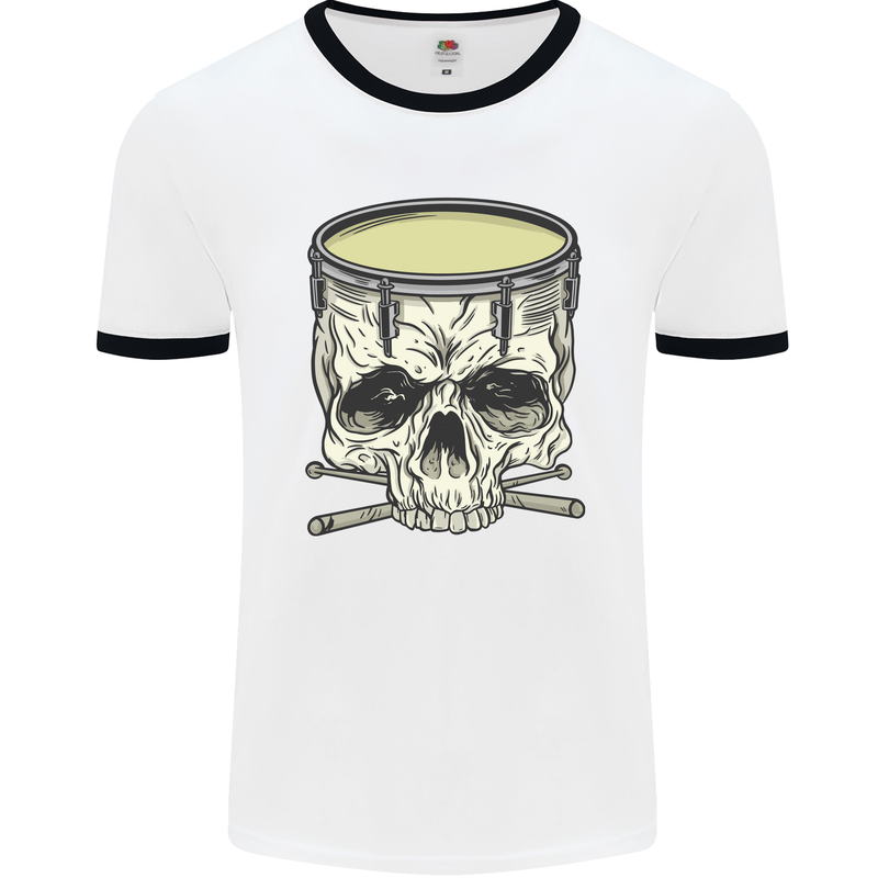 Skull Snare Drum Drummer Drumming Mens White Ringer T-Shirt White/Black