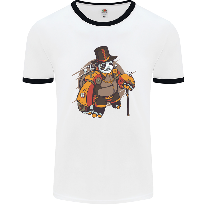 Steampunk Panda Bear Mens White Ringer T-Shirt White/Black