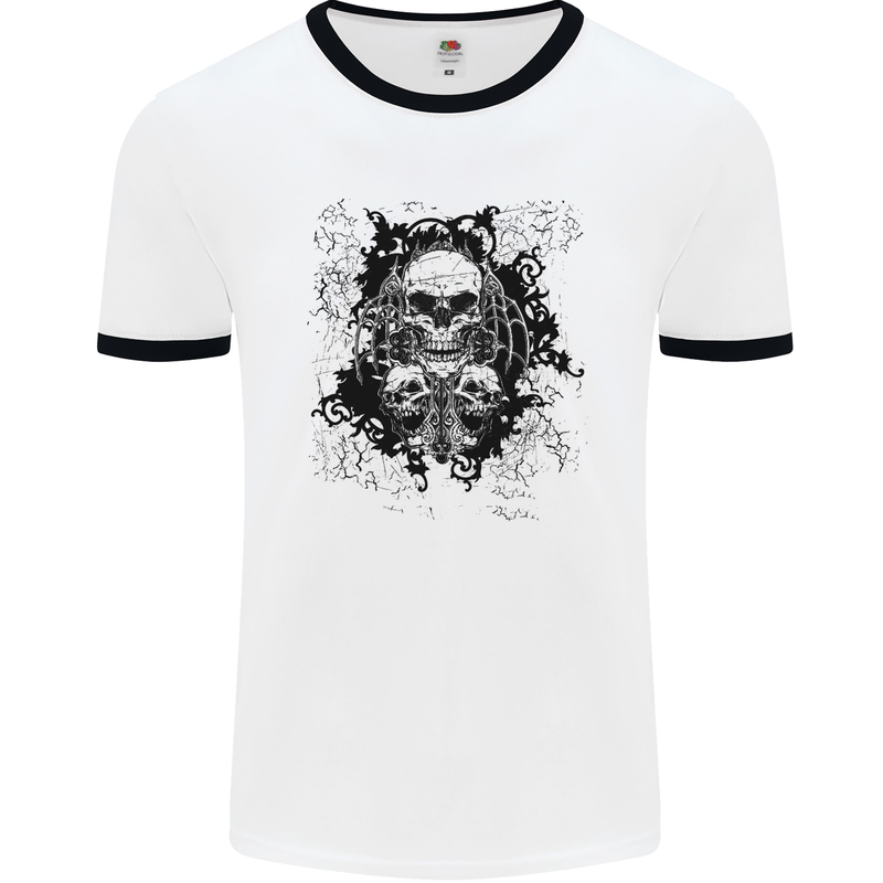 Three Skulls Demon Biker Gothic Tattoo Mens White Ringer T-Shirt White/Black