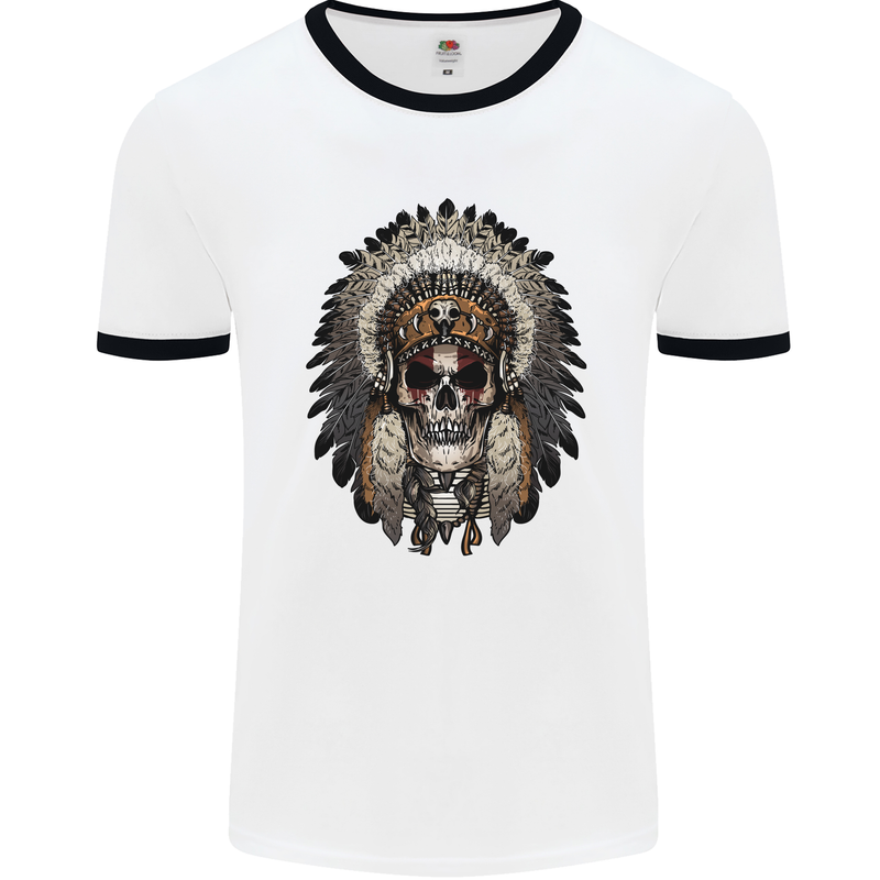 Native American Indian Skull Headdress Mens White Ringer T-Shirt White/Black