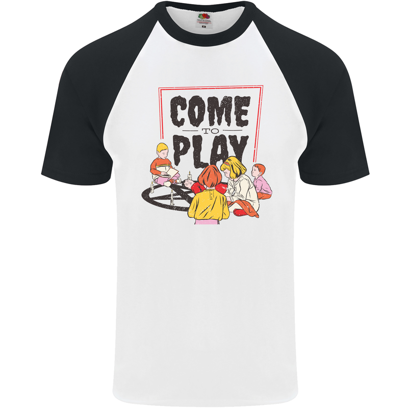 Come to Play Lets Summon Demons Ouija Board Mens S/S Baseball T-Shirt White/Black