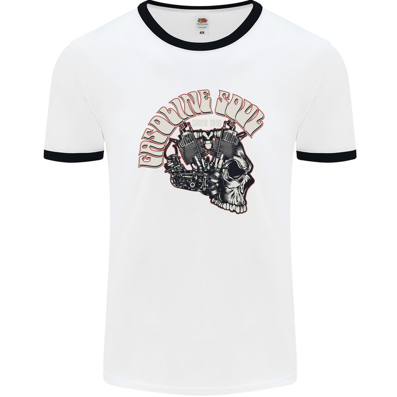 Gasoline Soul Biker Skull Motorbike Chopper Mens White Ringer T-Shirt White/Black