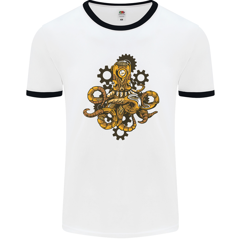 Steampunk Octopus Scuba Diving Cthulhu Mens Ringer T-Shirt White/Black