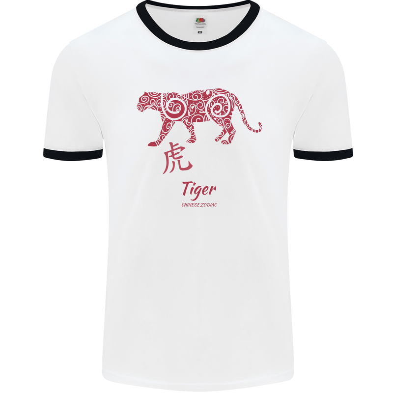 Chinese Zodiac Shengxiao Year of the Tiger Mens White Ringer T-Shirt White/Black