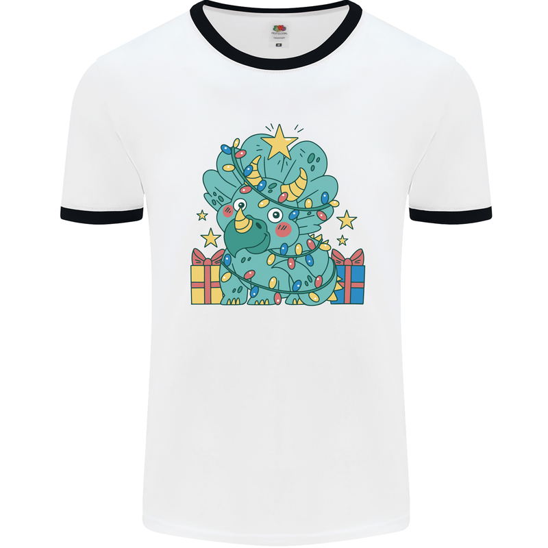 Dinosaur Triceratops Funny Christmas Tree Mens White Ringer T-Shirt White/Black