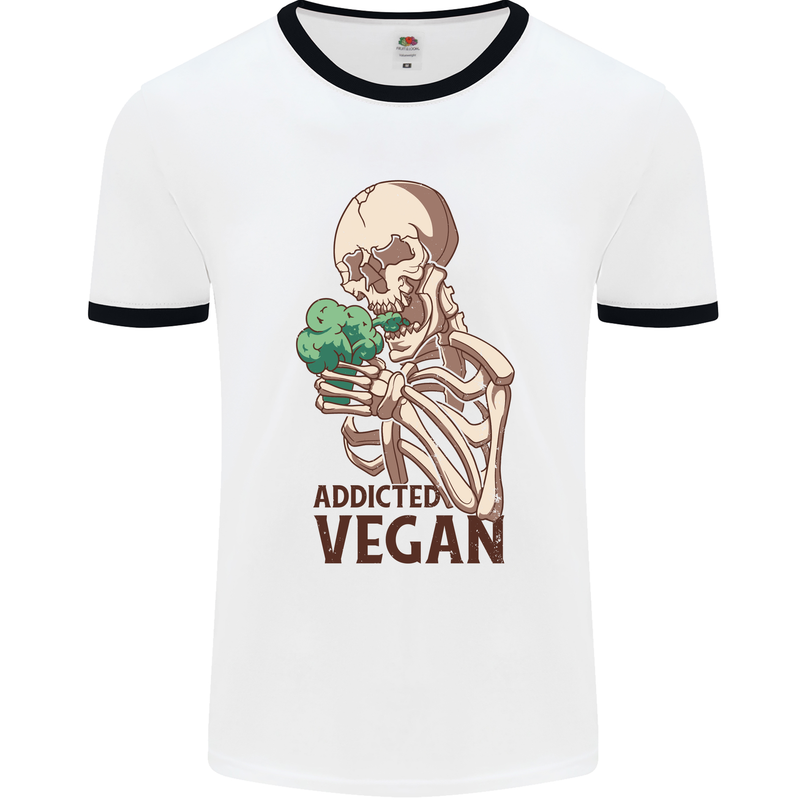 Addicted Vegan Skeleton Eating Vegetables Mens White Ringer T-Shirt White/Black