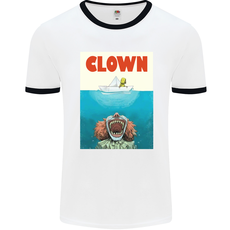 Jaws Funny Parody Clown Halloween Horror Mens White Ringer T-Shirt White/Black