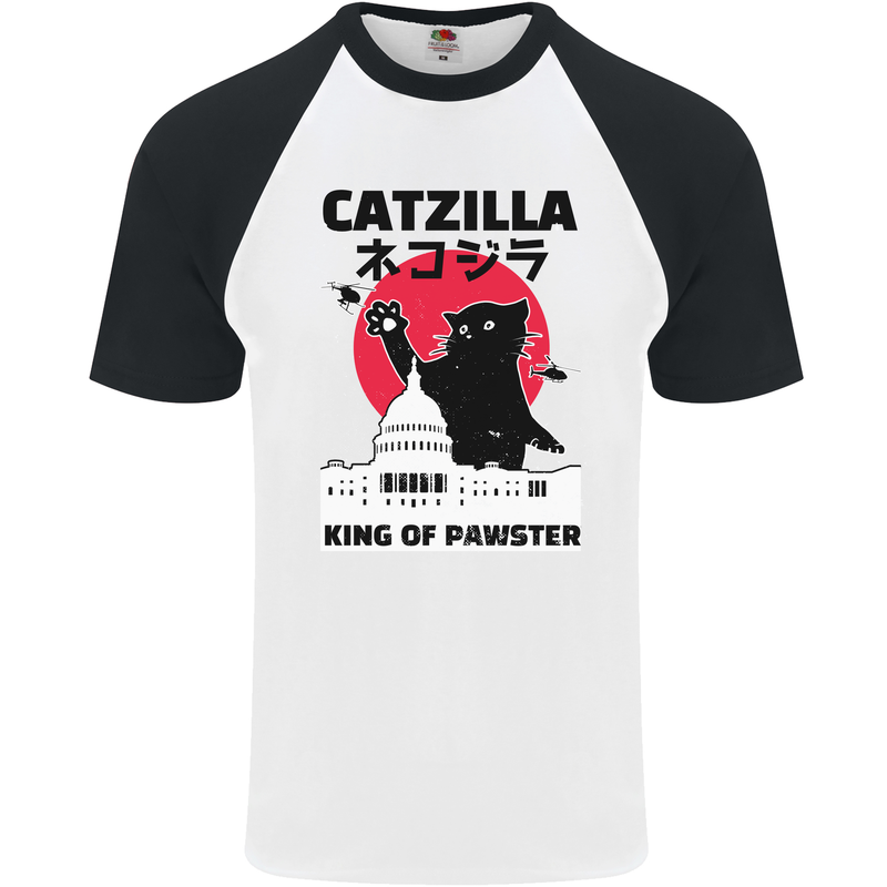 Catzilla Funny Cat Parody Mens S/S Baseball T-Shirt White/Black