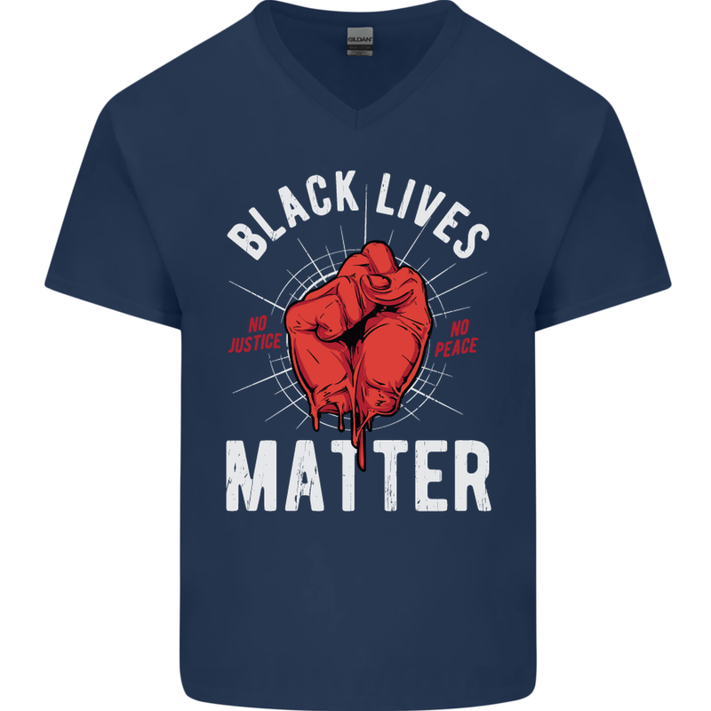 Black Lives Matter Mens V-Neck Cotton T-Shirt Navy Blue