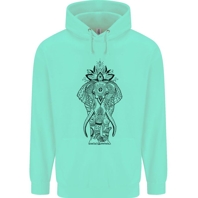 Black Mandala Art Elephant Childrens Kids Hoodie Peppermint