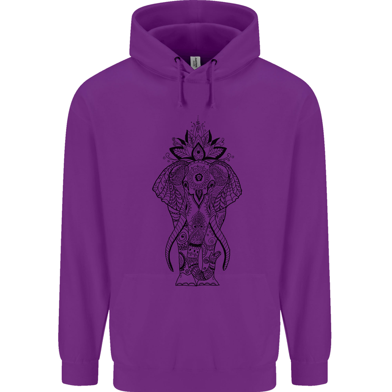 Black Mandala Art Elephant Childrens Kids Hoodie Purple