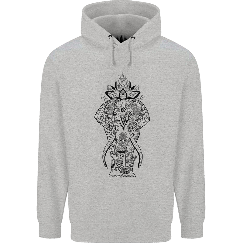 Black Mandala Art Elephant Childrens Kids Hoodie Sports Grey