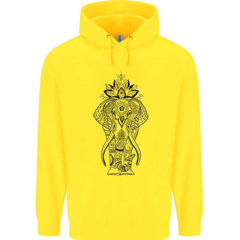 Black Mandala Art Elephant Childrens Kids Hoodie Yellow