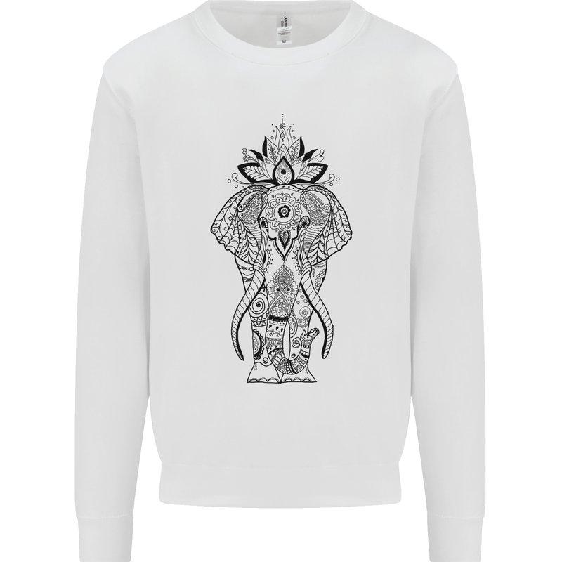 Black Mandala Art Elephant Kids Sweatshirt Jumper White