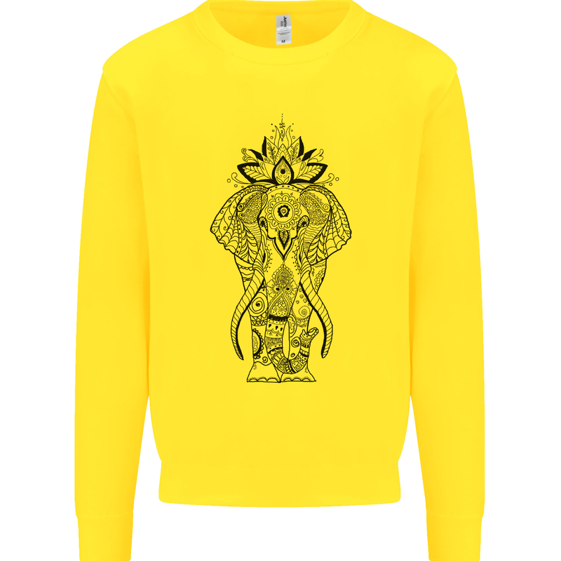 Black Mandala Art Elephant Kids Sweatshirt Jumper Yellow
