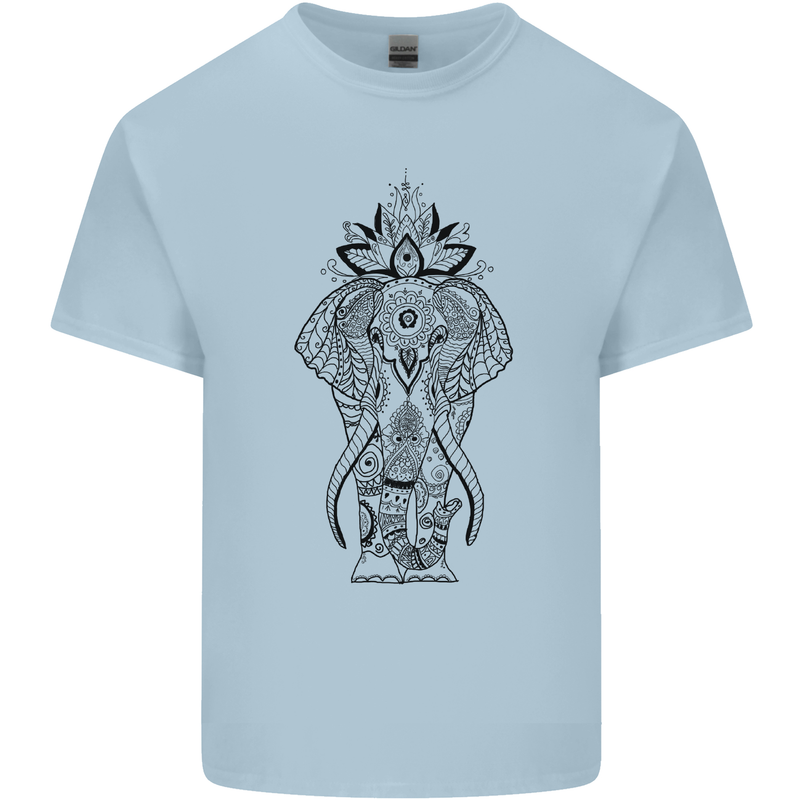 Black Mandala Art Elephant Mens Cotton T-Shirt Tee Top Light Blue