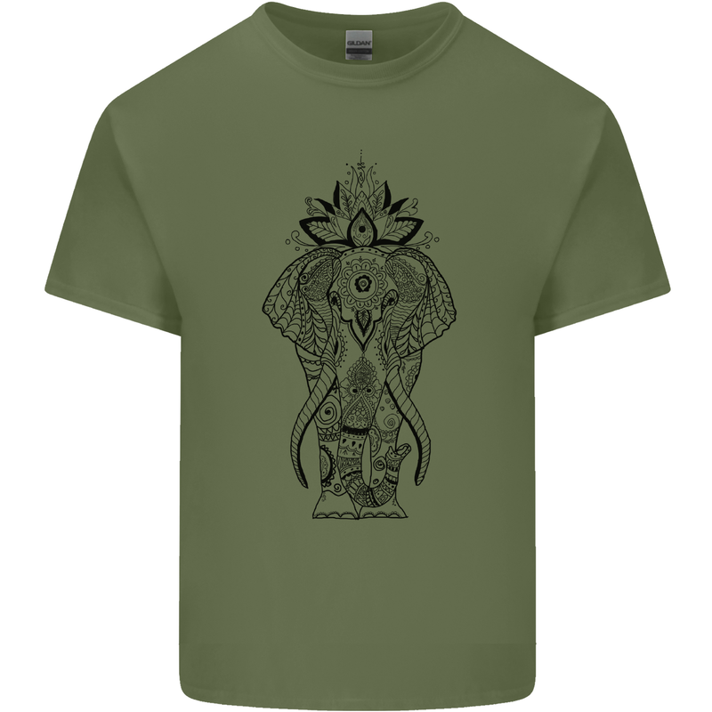 Black Mandala Art Elephant Mens Cotton T-Shirt Tee Top Military Green