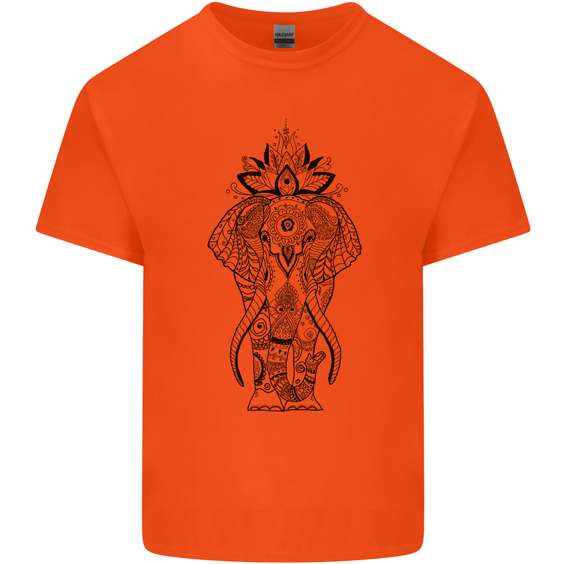 Black Mandala Art Elephant Mens Cotton T-Shirt Tee Top Orange
