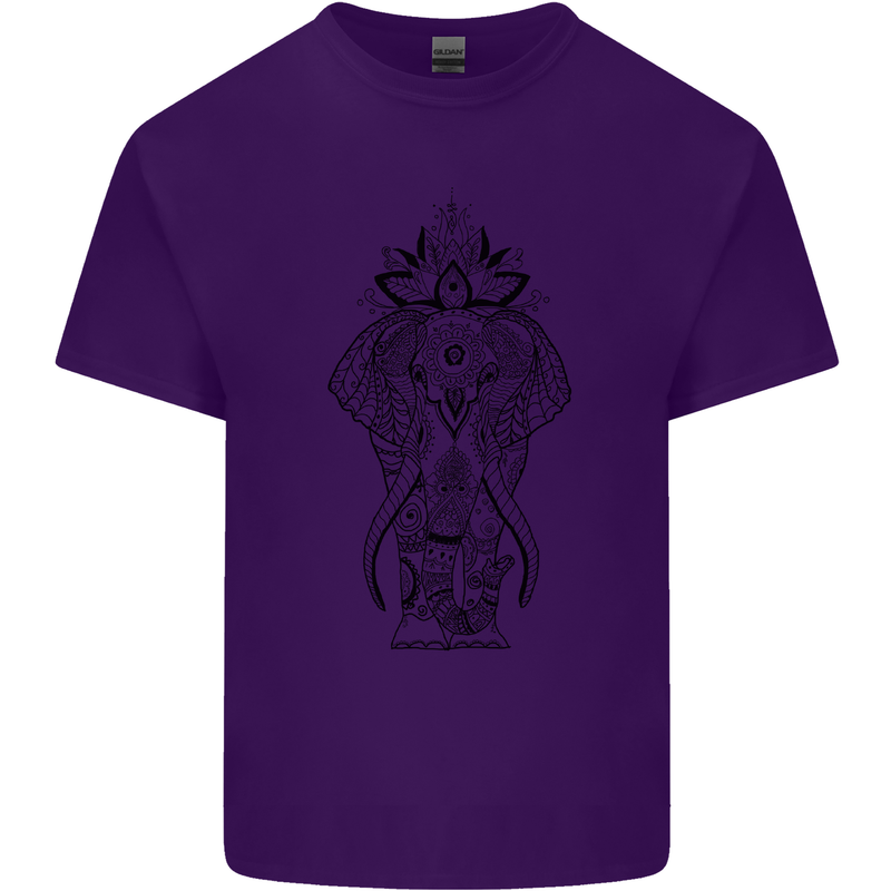 Black Mandala Art Elephant Mens Cotton T-Shirt Tee Top Purple
