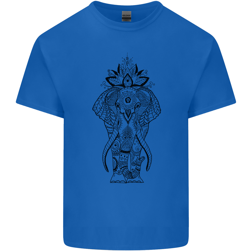 Black Mandala Art Elephant Mens Cotton T-Shirt Tee Top Royal Blue