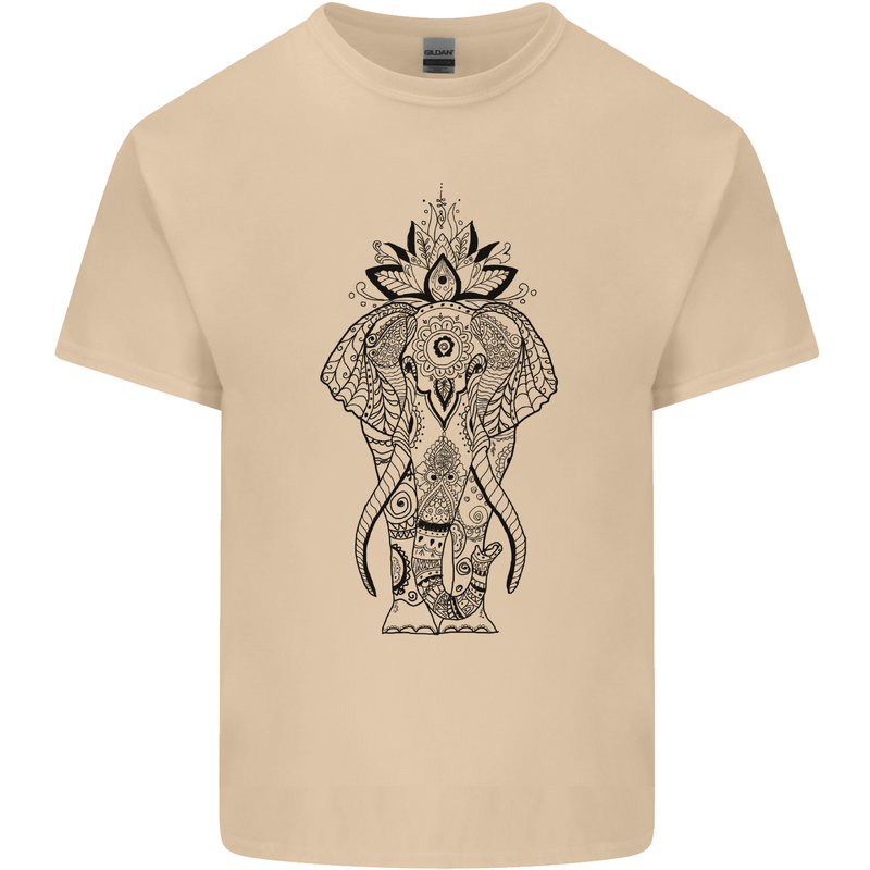 Black Mandala Art Elephant Mens Cotton T-Shirt Tee Top Sand