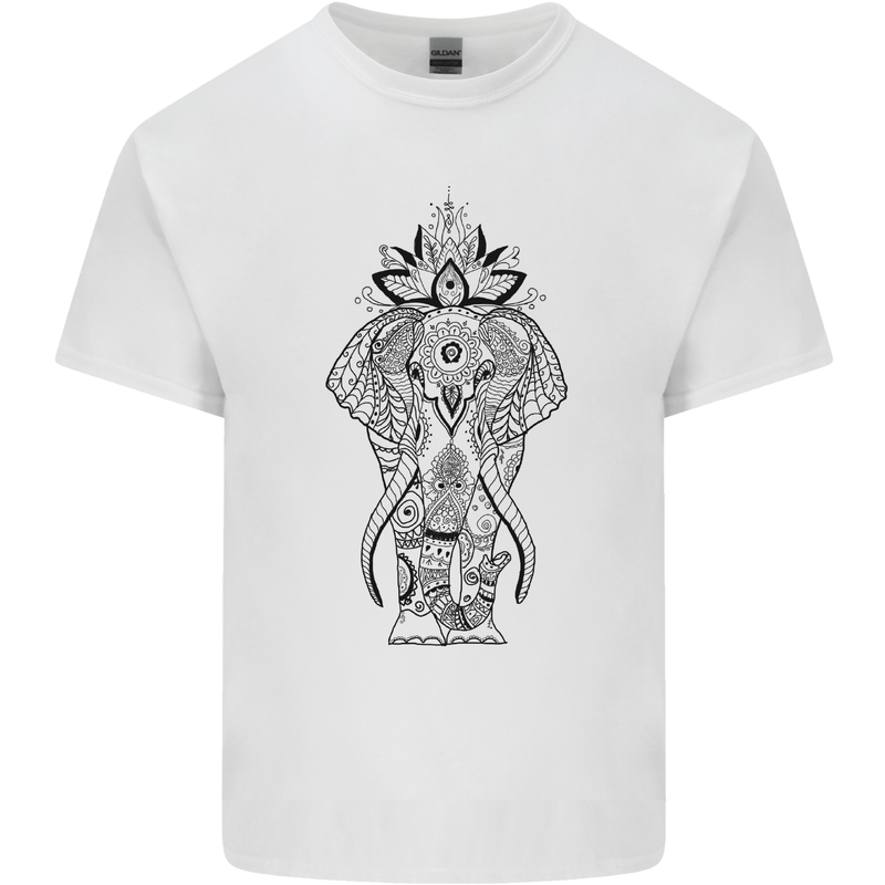 Black Mandala Art Elephant Mens Cotton T-Shirt Tee Top White