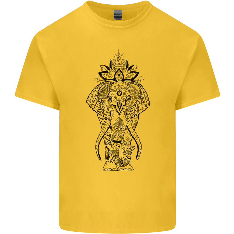 Black Mandala Art Elephant Mens Cotton T-Shirt Tee Top Yellow