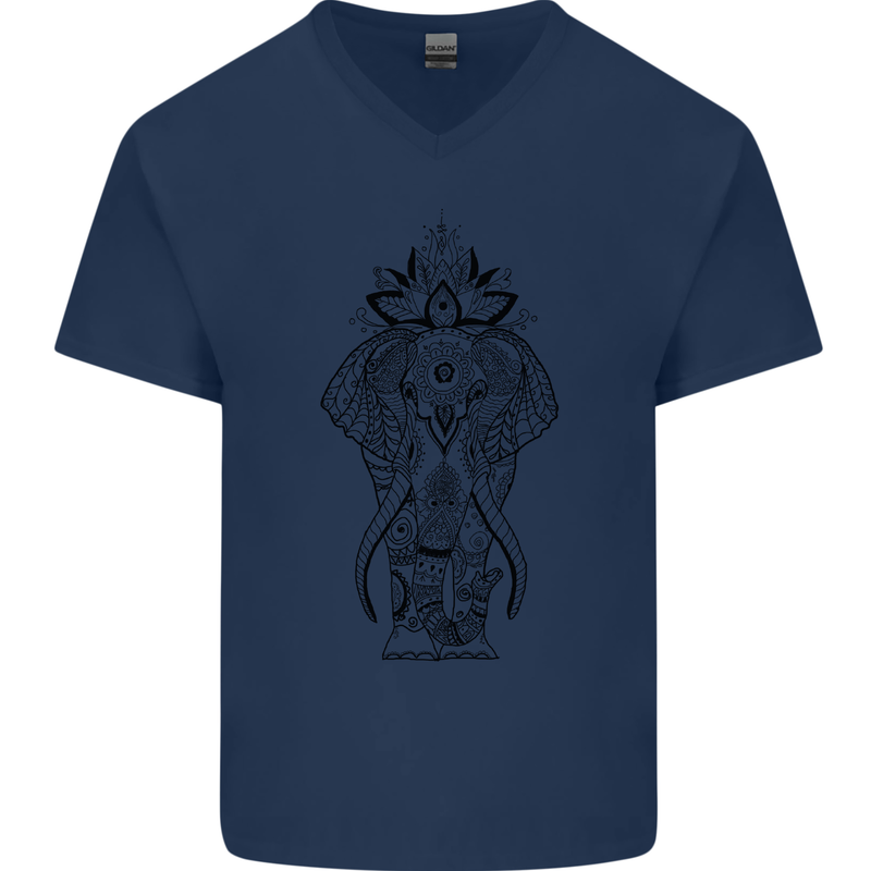 Black Mandala Art Elephant Mens V-Neck Cotton T-Shirt Navy Blue